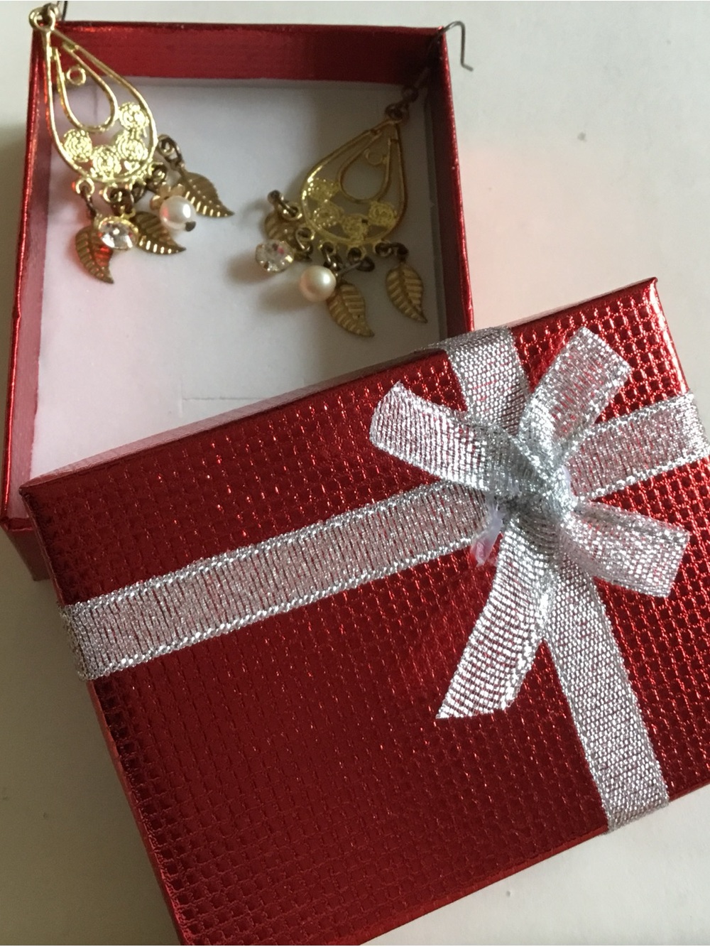 Gold Filigree Drop Earrings with Pearl & Leaf Charms